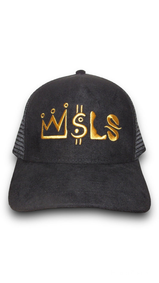 Black/Gold Suede Trucker Hat