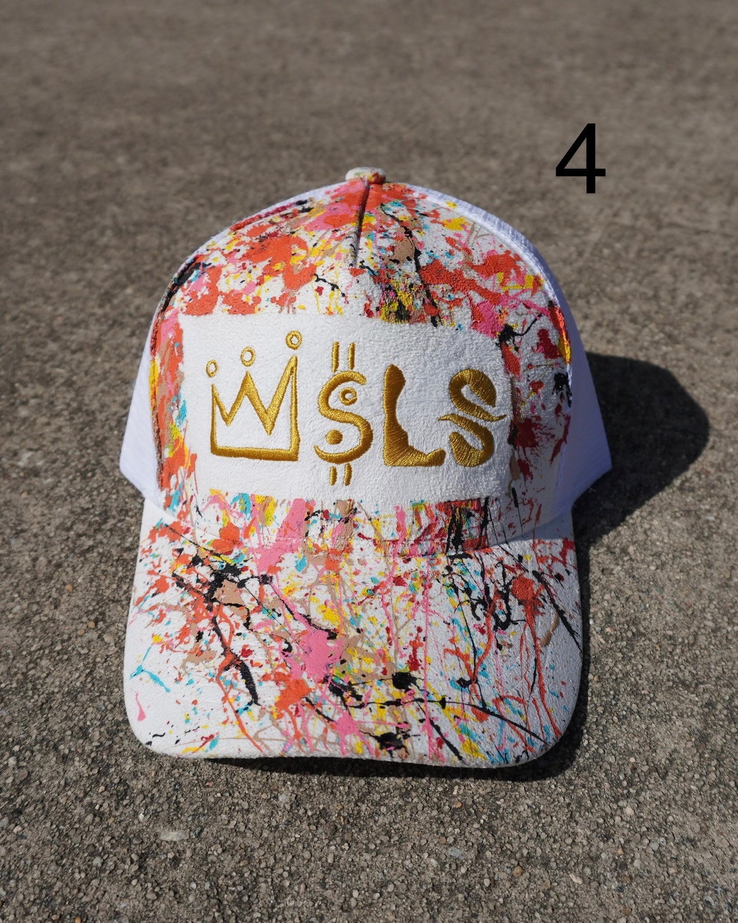 White/Gold Paint Splatter Suede Trucker Hat