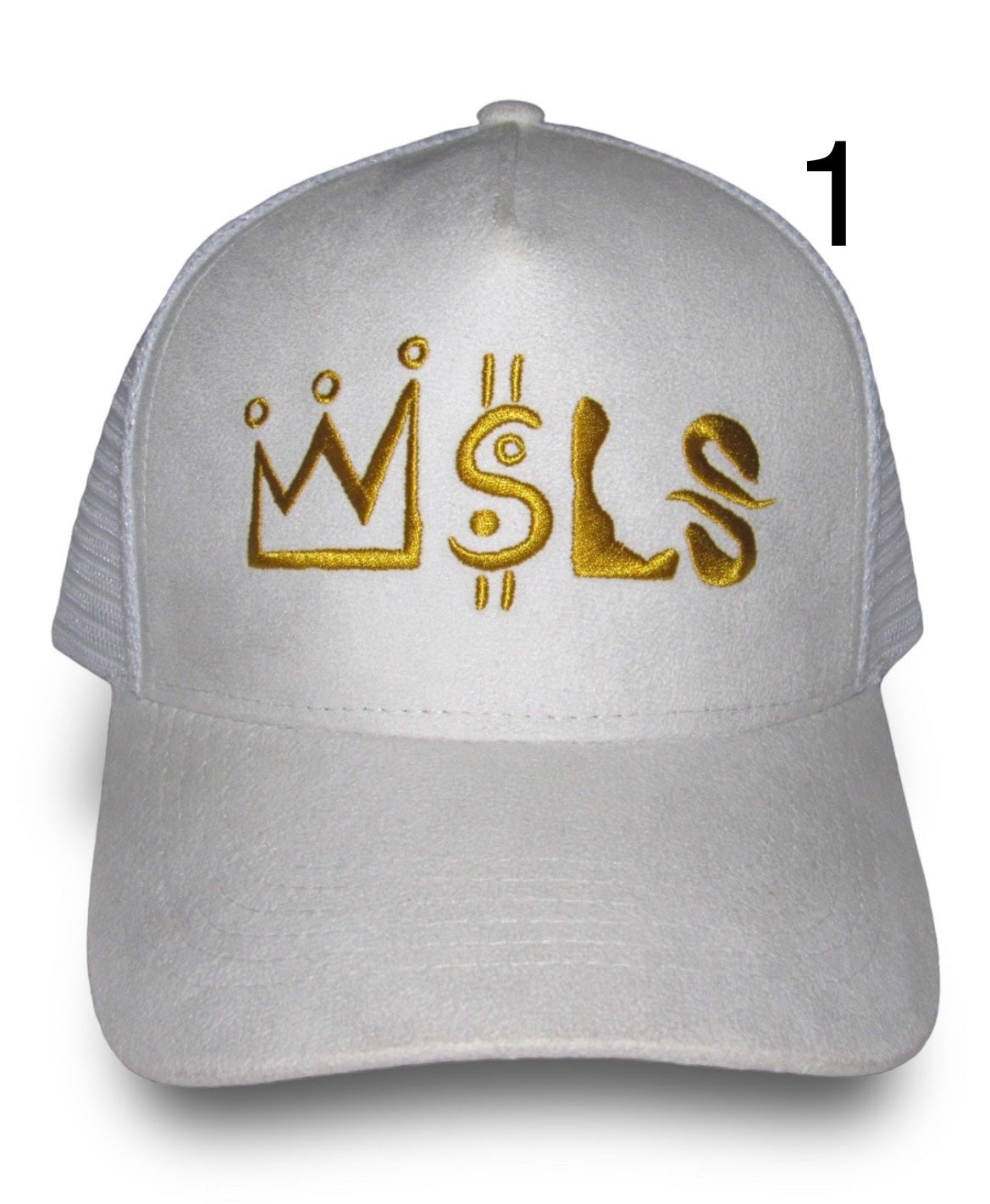 White/Gold Paint Splatter Suede Trucker Hat