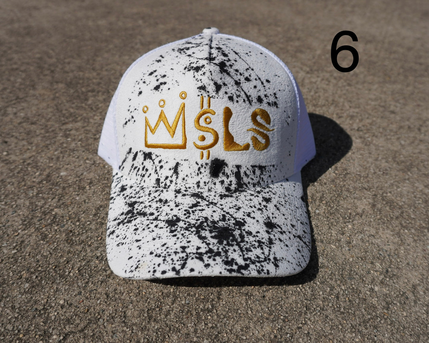 White/Gold Paint Splatter Suede Trucker Hat