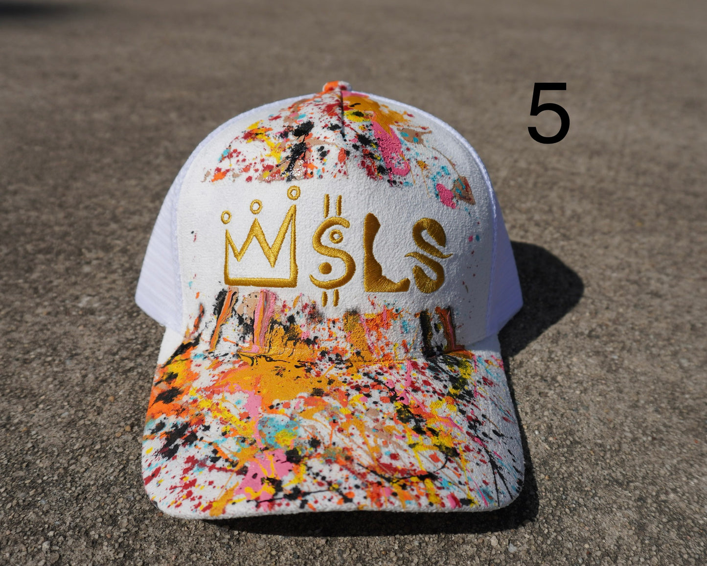 White/Gold Paint Splatter Suede Trucker Hat