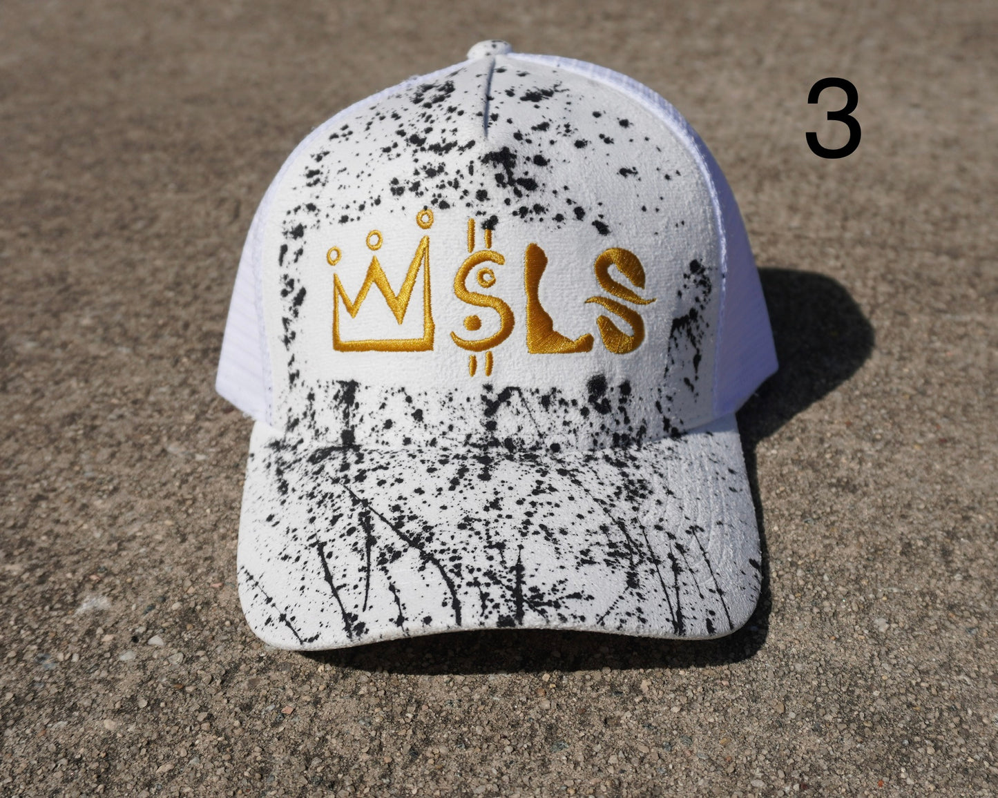 White/Gold Paint Splatter Suede Trucker Hat