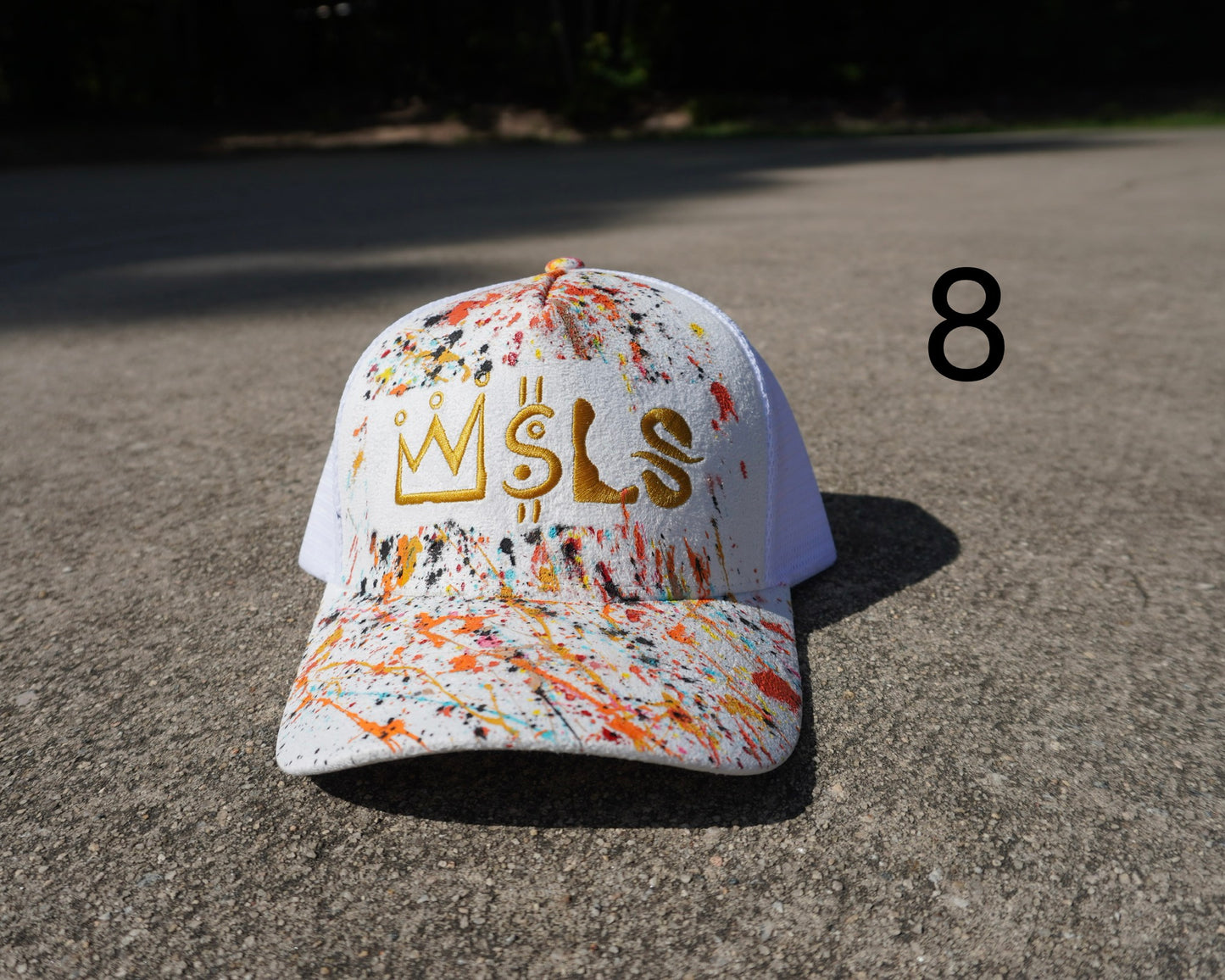 White/Gold Paint Splatter Suede Trucker Hat