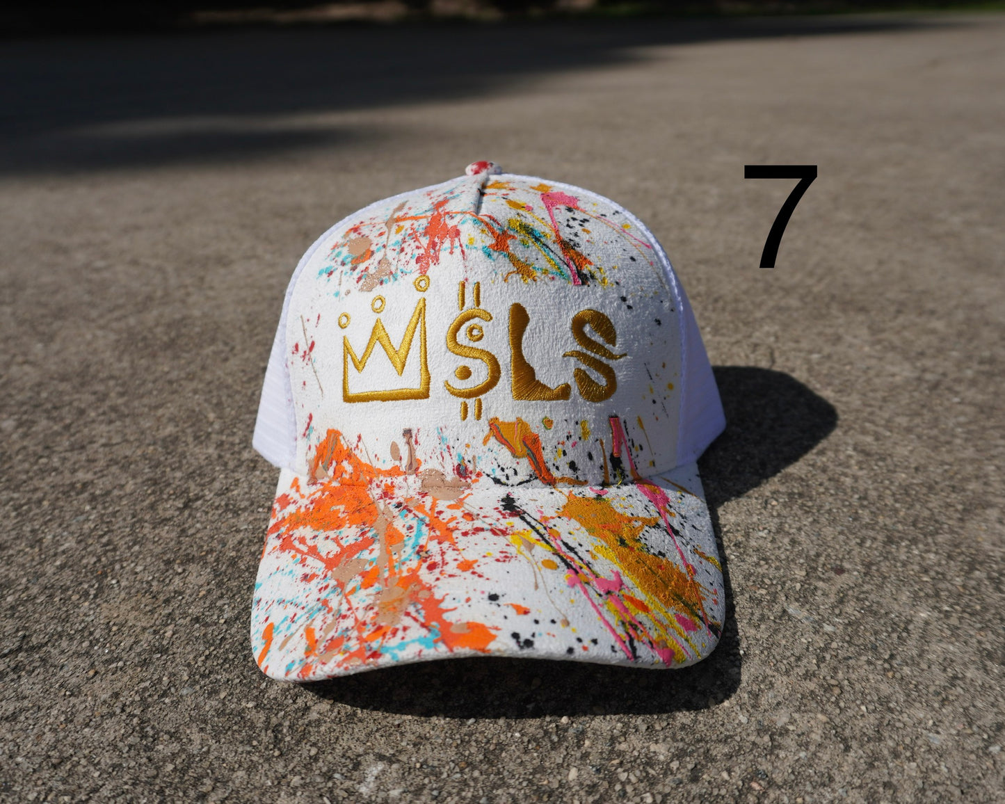 White/Gold Paint Splatter Suede Trucker Hat