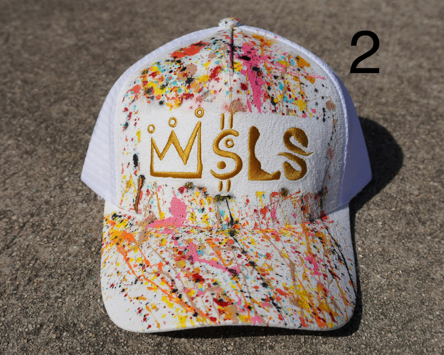 White/Gold Paint Splatter Suede Trucker Hat